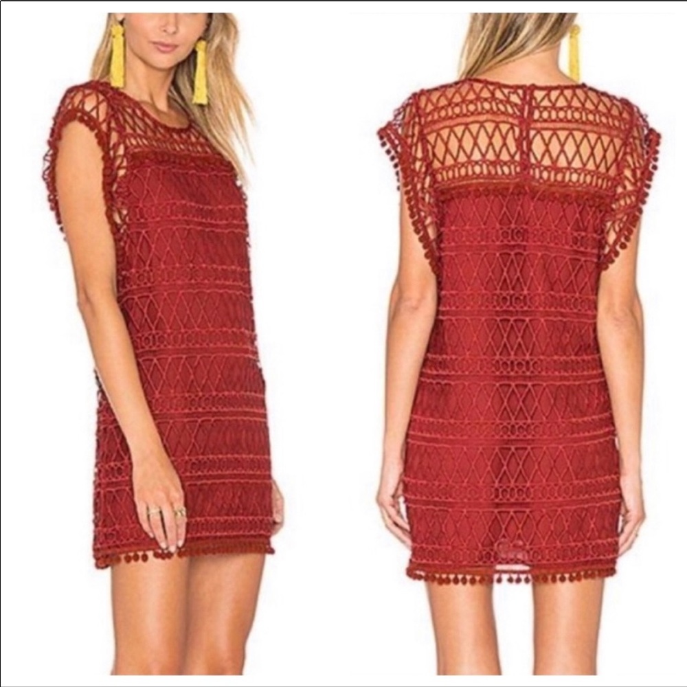 TULAROSA Red Clayton Pom Pom Diamond Shift dress